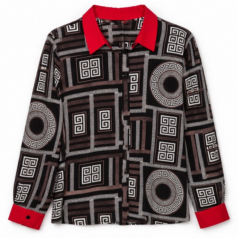 Vtg y2k‎ Plus sz 2X Blouse Greek Key Geometric Red Funky Maximalist Impulsive